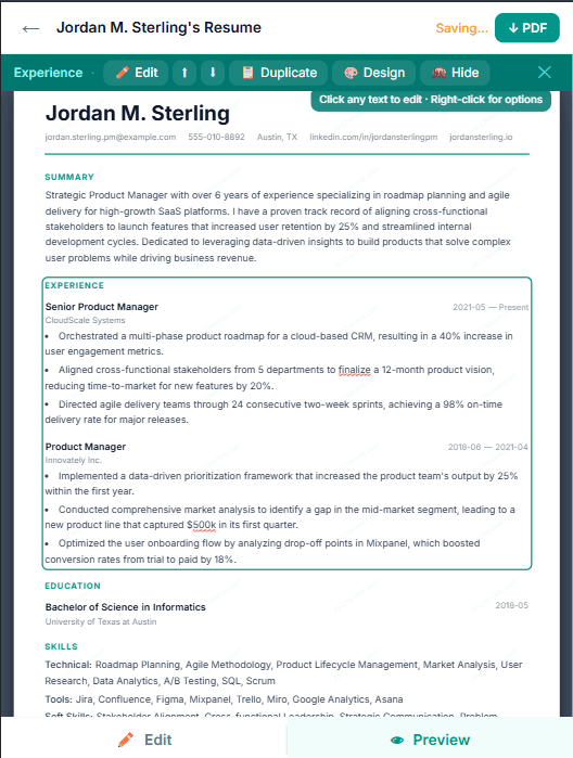 AI-checker mobile view showing resume preview with PDF download button