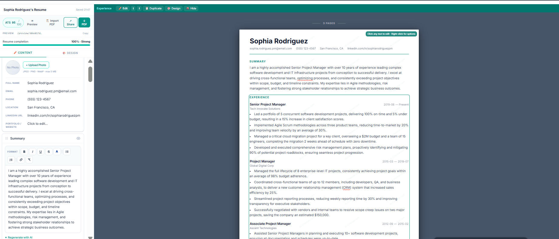 AI-checker resume editor showing split-pane interface with content panel on left and live resume preview on right