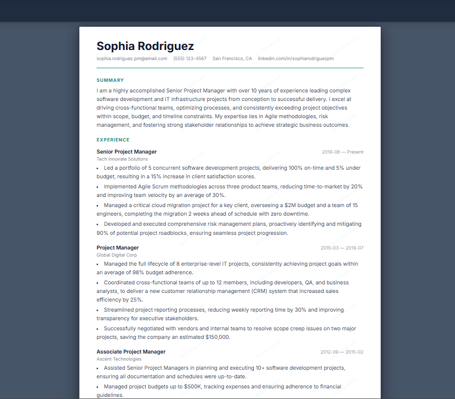AI-generated resume for Sophia Rodriguez showing professional layout